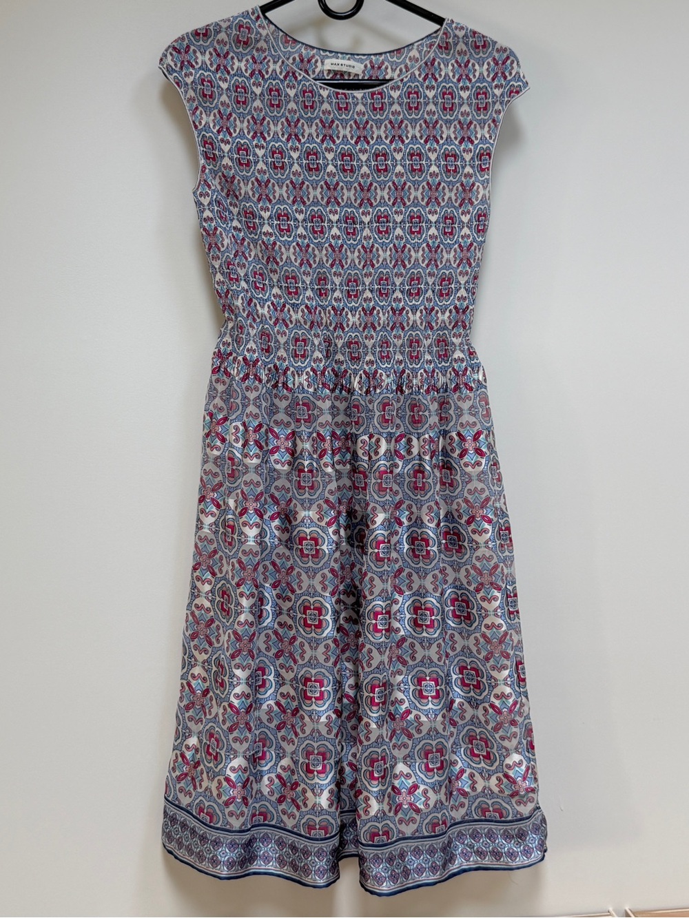Women’s Blue and Pink smocked silky Patterned Cap-Sleeve Dress